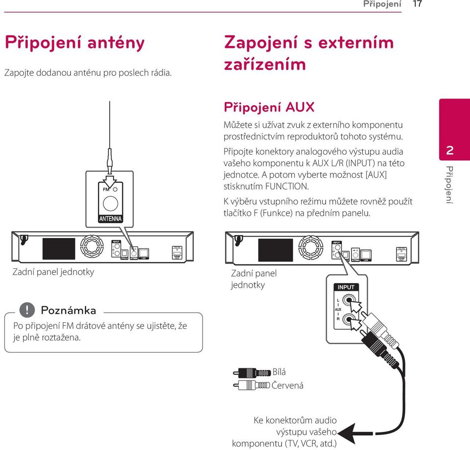 Připojte konektory analogového výstupu audia vašeho komponentu k AUX L/R (INPUT) na této jednotce. A potom vyberte možnost [AUX] stisknutím FUNCTION.