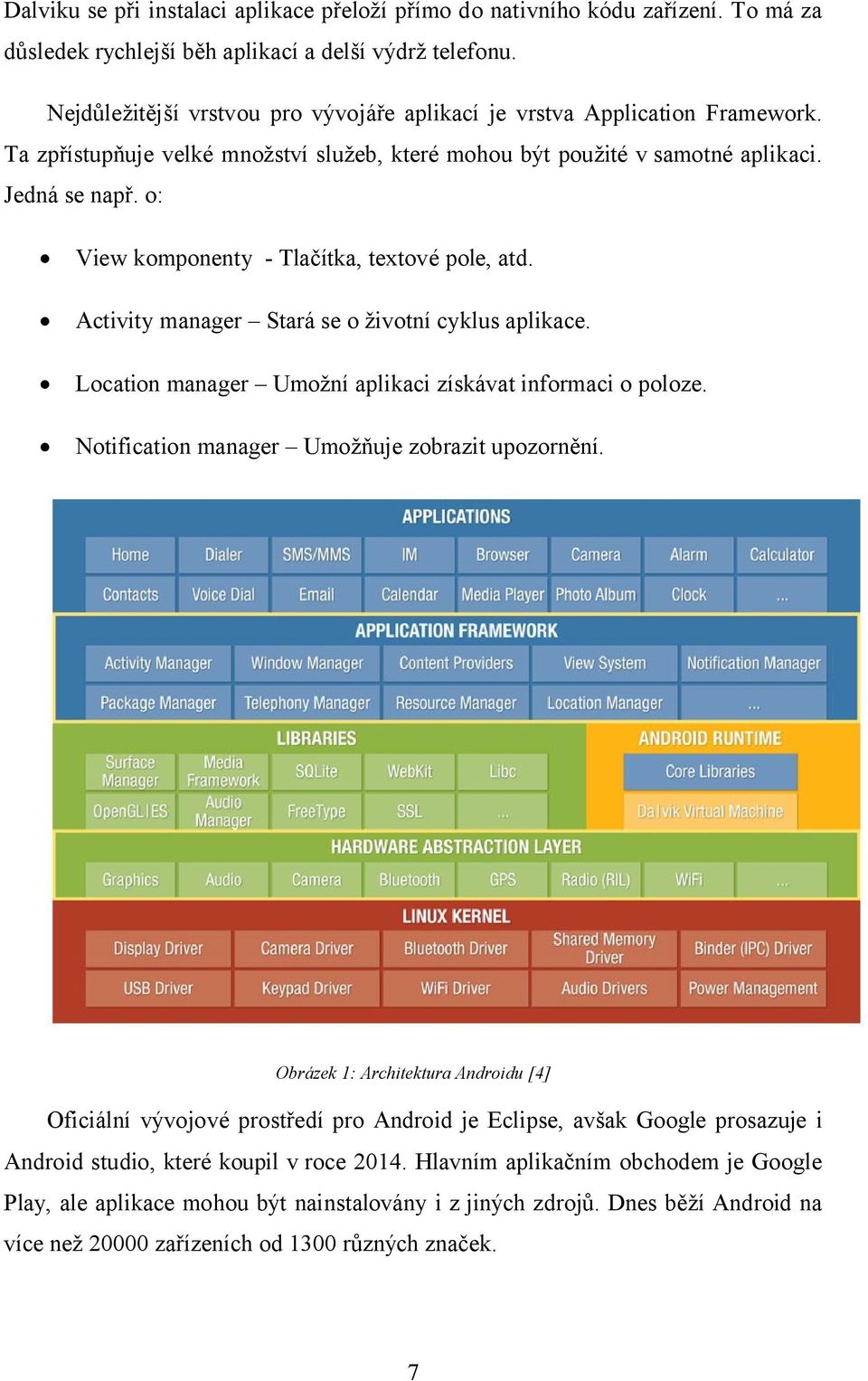 o: View komponenty - Tlačítka, textové pole, atd. Activity manager Stará se o životní cyklus aplikace. Location manager Umožní aplikaci získávat informaci o poloze.