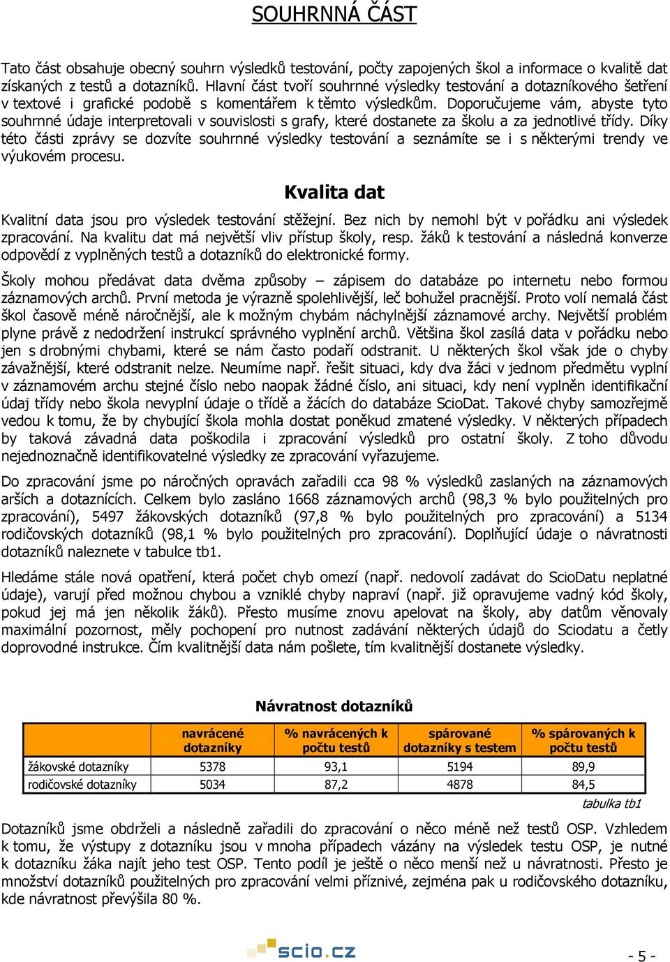 Doporučujeme vám, abyste tyto souhrnné údaje interpretovali v souvislosti s grafy, které dostanete za školu a za jednotlivé třídy.