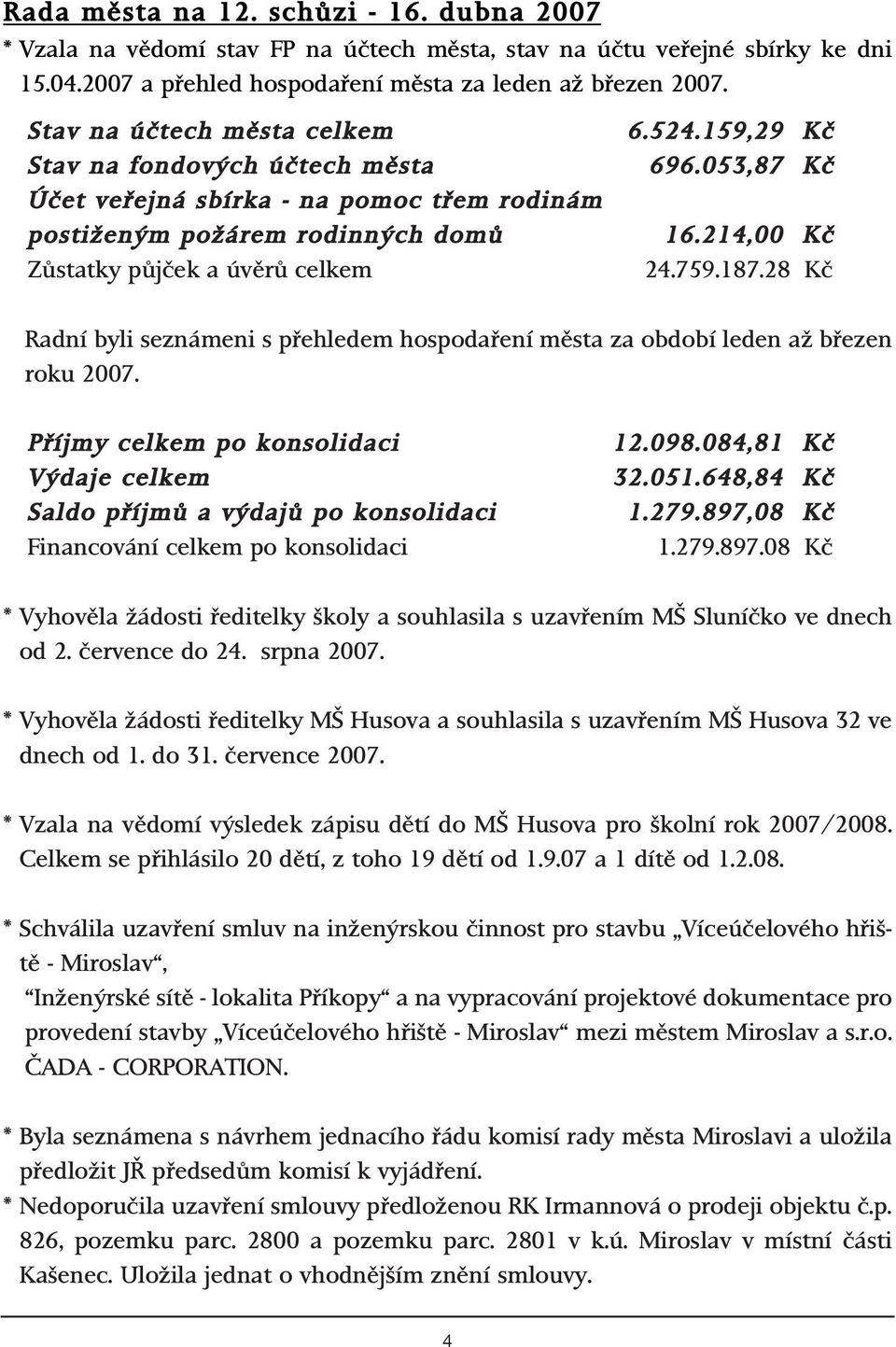 053,87 Kã 16.214,00 Kã 24.759.187.28 Kã Radní byli seznámeni s pfiehledem hospodafiení mûsta za období leden aï bfiezen roku 2007.