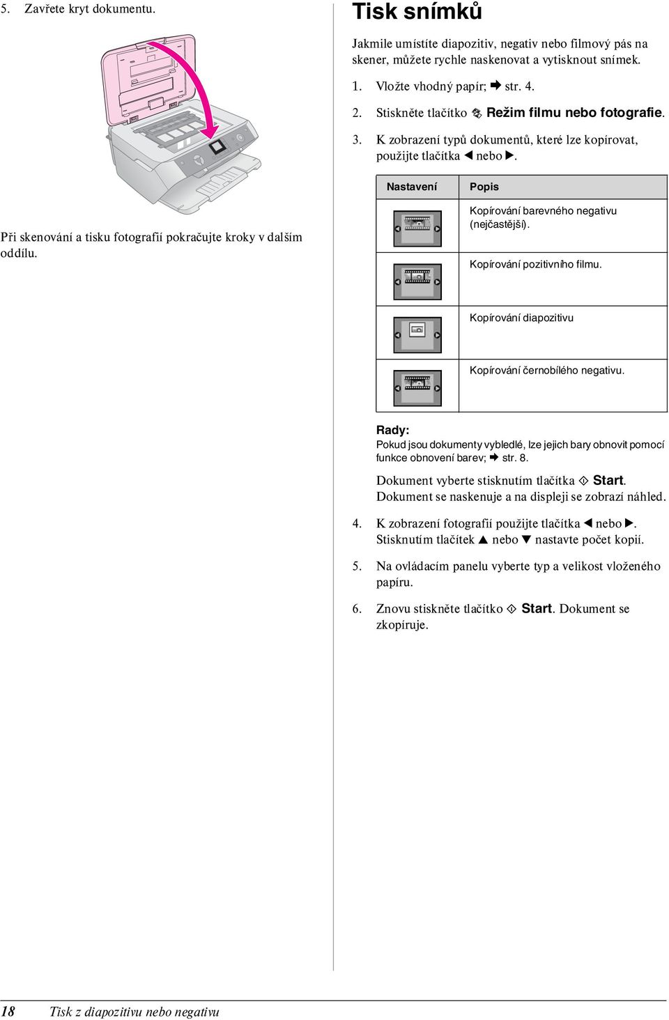 Nastavení Popis Při skenování a tisku fotografií pokračujte kroky v dalším oddílu. Kopírování barevného negativu (nejčastější). Kopírování pozitivního filmu.