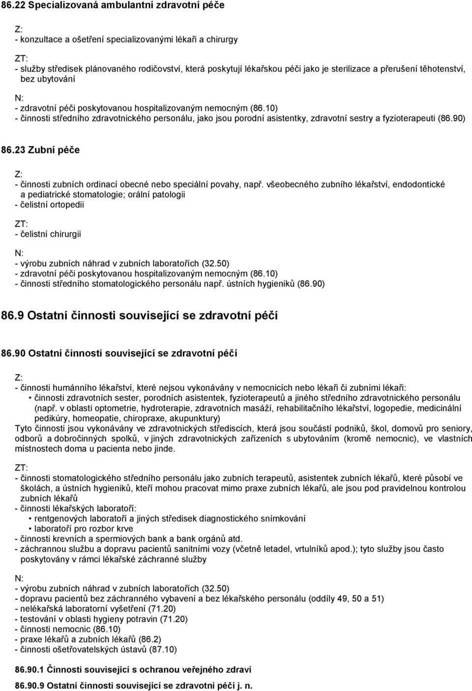 10) - činnosti středního zdravotnického personálu, jako jsou porodní asistentky, zdravotní sestry a fyzioterapeuti (86.90) 86.