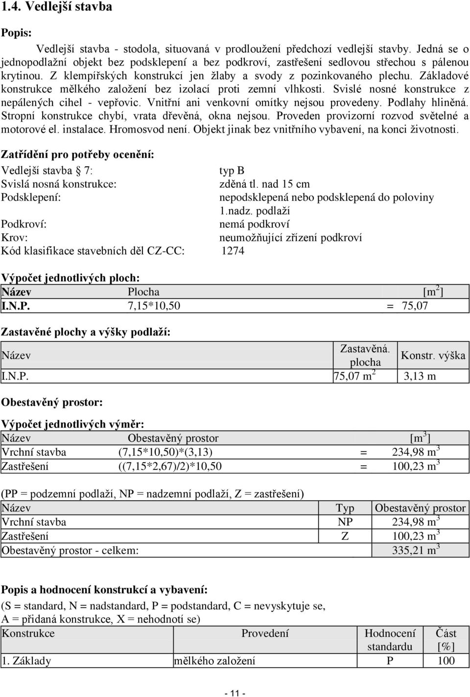 Základové konstrukce mělkého založení bez izolací proti zemní vlhkosti. Svislé nosné konstrukce z nepálených cihel - vepřovic. Vnitřní ani venkovní omítky nejsou provedeny. Podlahy hliněná.