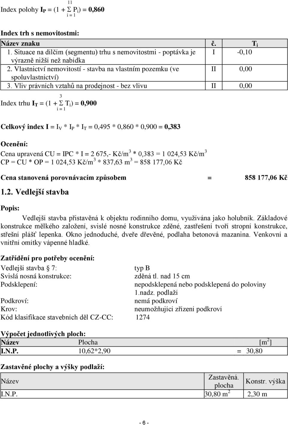 Vliv právních vztahů na prodejnost - bez vlivu II 0,00 3 Index trhu I T = (1 + T i ) = 0,900 i = 1 Celkový index I = I V * I P * I T = 0,495 * 0,860 * 0,900 = 0,383 Ocenění: Cena upravená CU = IPC *