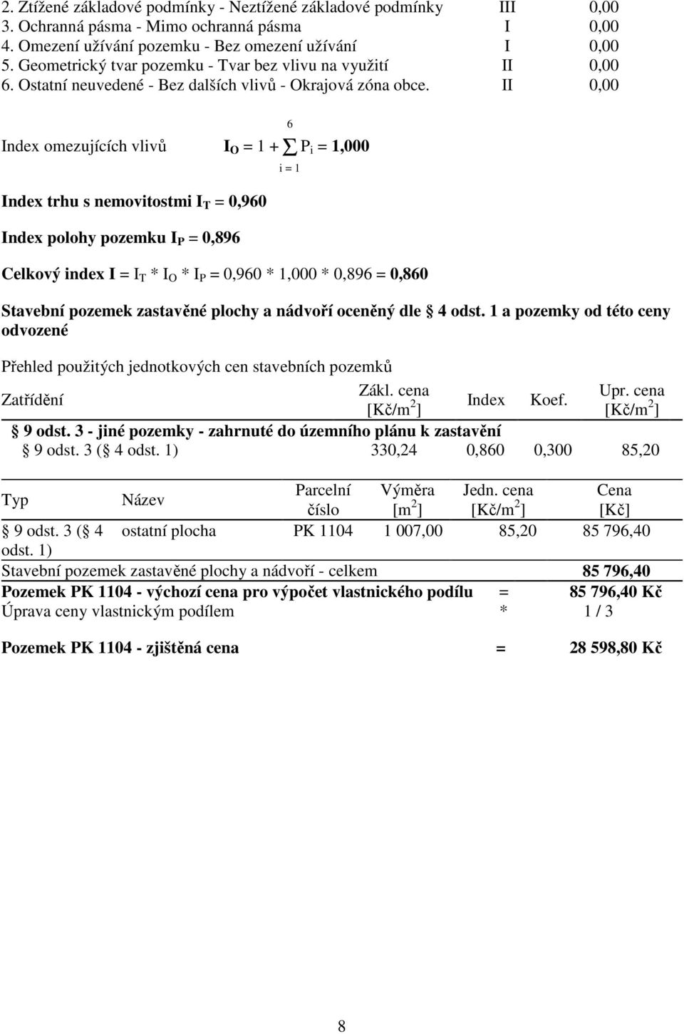 II 0,00 Index omezujících vlivů I O = 1 +Σ P i = 1,000 Index trhu s nemovitostmi I T = 0,960 Index polohy pozemku I P = 0,896 Celkový index I = I T * I O * I P = 0,960 * 1,000 * 0,896 = 0,860 6 i = 1