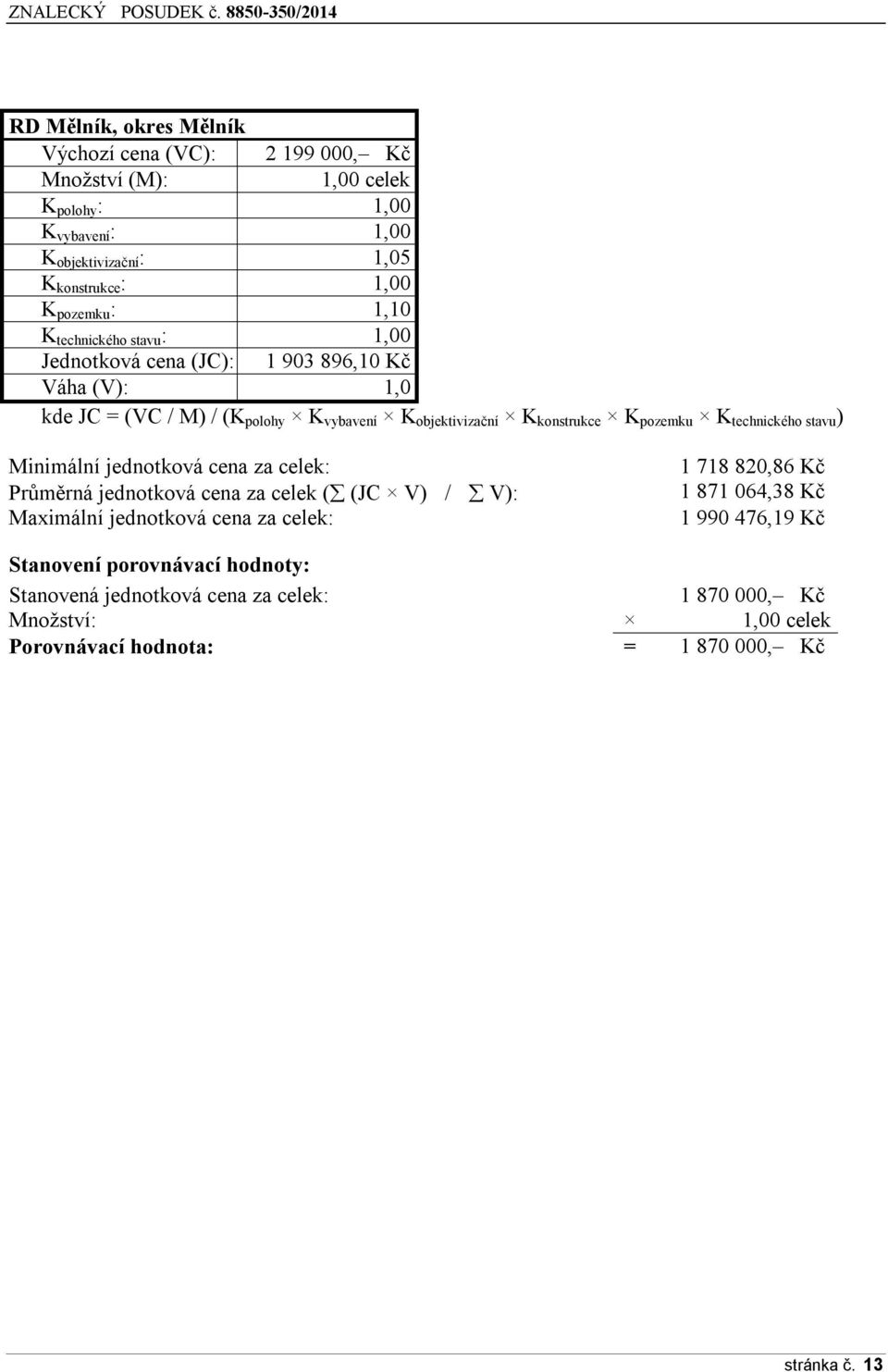 pzemku K technickéh stavu ) Minimální jedntkvá cena za celek: Průměrná jedntkvá cena za celek ( (JC V) / V): Maximální jedntkvá cena za celek: 1 718 820,86 Kč 1