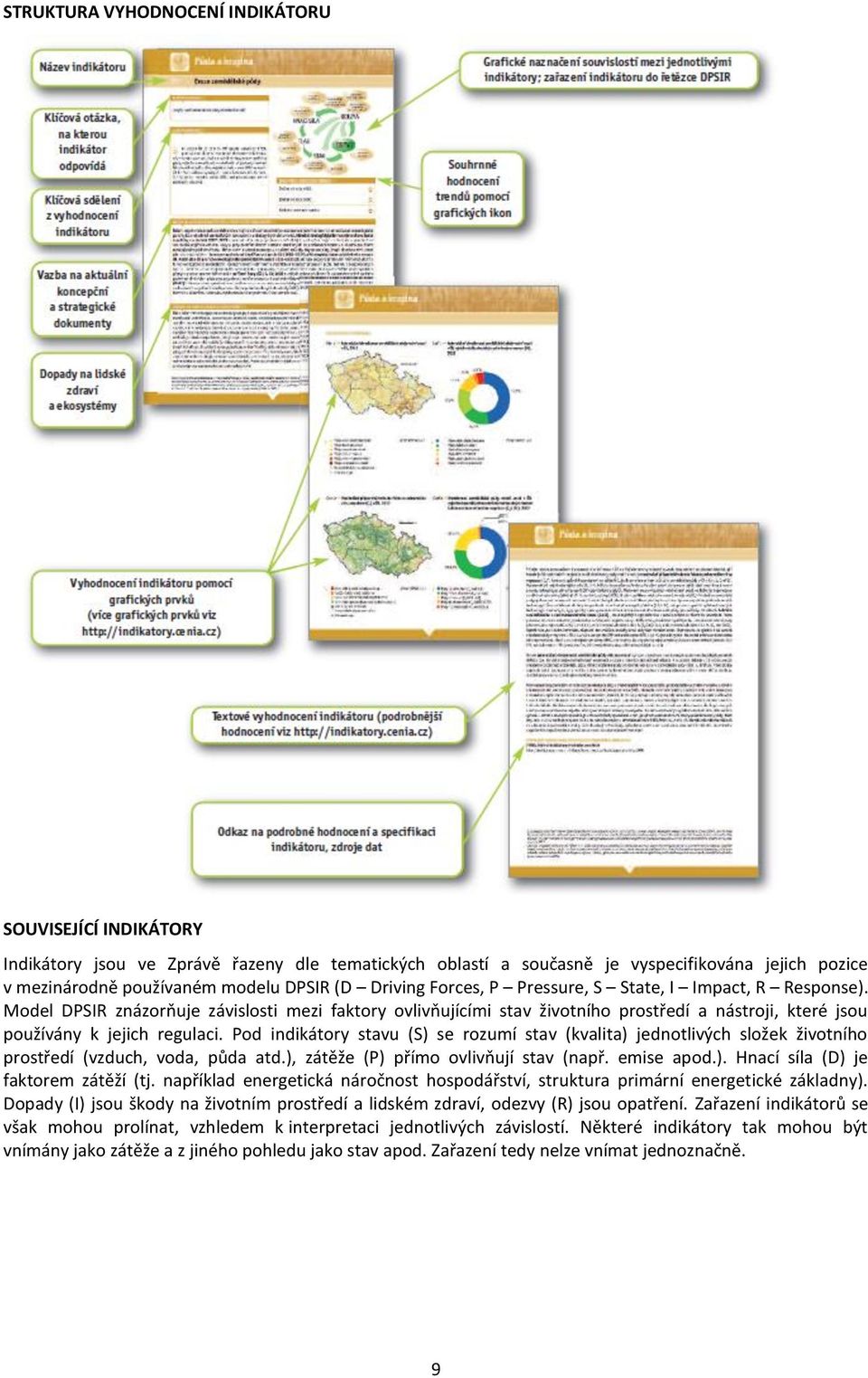 Pod indikátory stavu (S) se rozumí stav (kvalita) jednotlivých složek životního prostředí (vzduch, voda, půda atd.), zátěže (P) přímo ovlivňují stav (např. emise apod.). Hnací síla (D) je faktorem zátěží (tj.