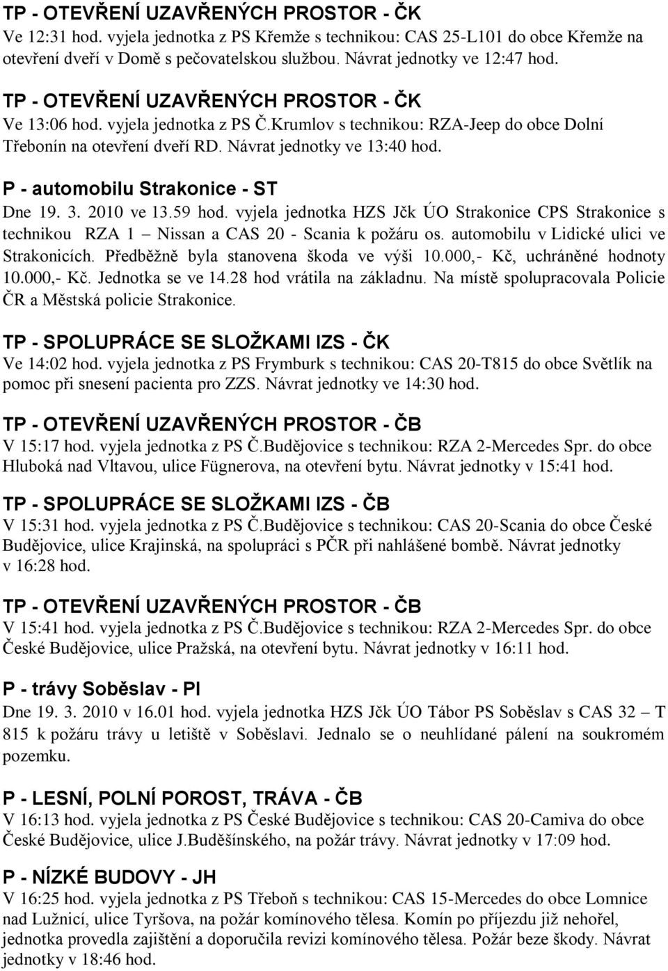 P - automobilu Strakonice - ST Dne 19. 3. 2010 ve 13.59 hod. vyjela jednotka HZS Jčk ÚO Strakonice CPS Strakonice s technikou RZA 1 Nissan a CAS 20 - Scania k poţáru os.