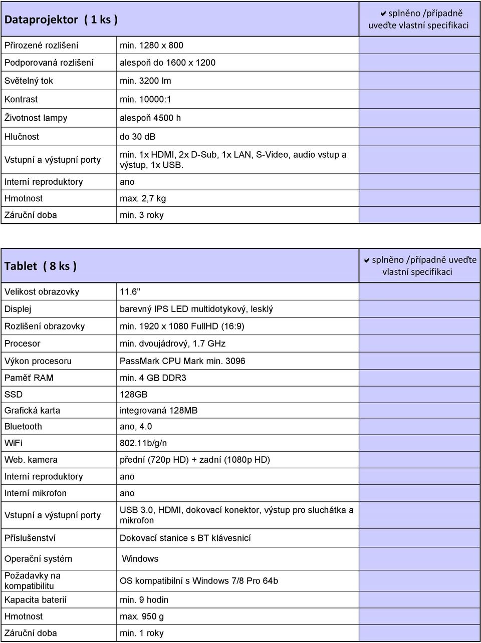 2,7 kg Tablet ( 8 ks ) uveďte vlastní specifikaci Velikost obrazovky 11.6" Displej barevný IPS LED multidotykový, lesklý Rozlišení obrazovky min. 1920 x 1080 FullHD (16:9) min. dvoujádrový, 1.