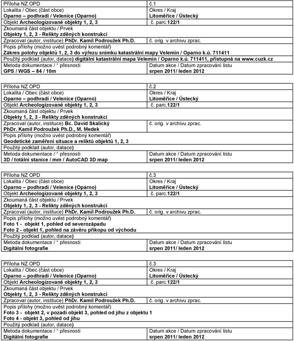 Popis přílohy (možno uvést podrobný komentář) Zákres polohy objektů 1, 2, 3 do výřezu snímku katastrální mapy Velemín / Oparno k.ú.