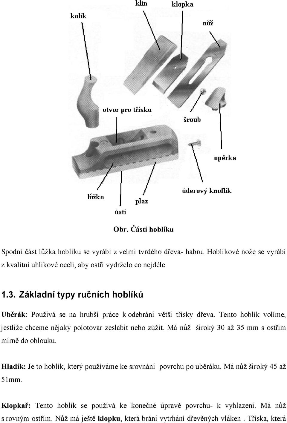 Základní typy ručních hoblíků Uběrák: Používá se na hrubší práce k odebrání větší třísky dřeva.