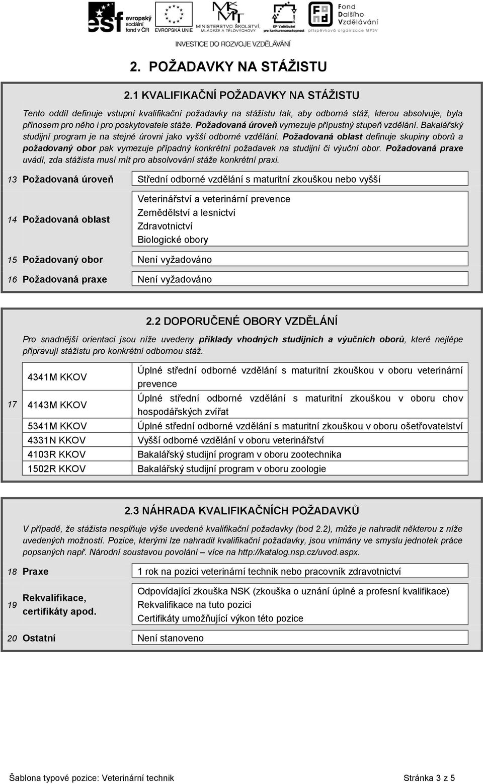 Požadovaná úroveň vymezuje přípustný stupeň vzdělání. Bakalářský studijní program je na stejné úrovni jako vyšší odborné vzdělání.