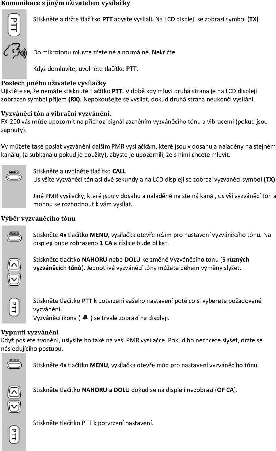 Nepokoušejte se vysílat, dokud druhá strana neukončí vysílání. Vyzváněcí tón a vibrační vyzvánění.