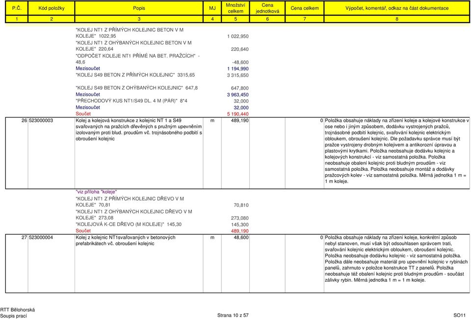 DL. 4 M (PÁR)" 8*4 32,000 Mezisoučet 32,000 Součet 5 190,440 26 523000003 Kolej a kolejová konstrukce z kolejnic NT 1 a S49 svařovaných na pražcích dřevěných s pružným upevněním izolovaným proti blud.