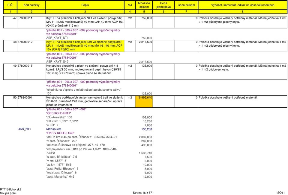 001-006 a 007-009 podrobný výpočet výměry viz položka 578340091" ASF_KRYT_S49 2 217,500 49 578000015 Konstrukce chodníků a ploch ve složení: posyp drtí 4-8 kg/m2; LAJS 30 mm; impfregnovaný papír;