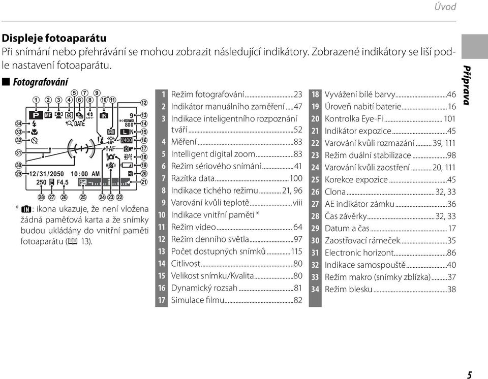 ..23 2 Indikátor manuálního zaměření...47 3 Indikace inteligentního rozpoznání tváří...52 4 Měření...83 5 Intelligent digital zoom...83 6 Režim sériového snímání...4 7 Razítka data.