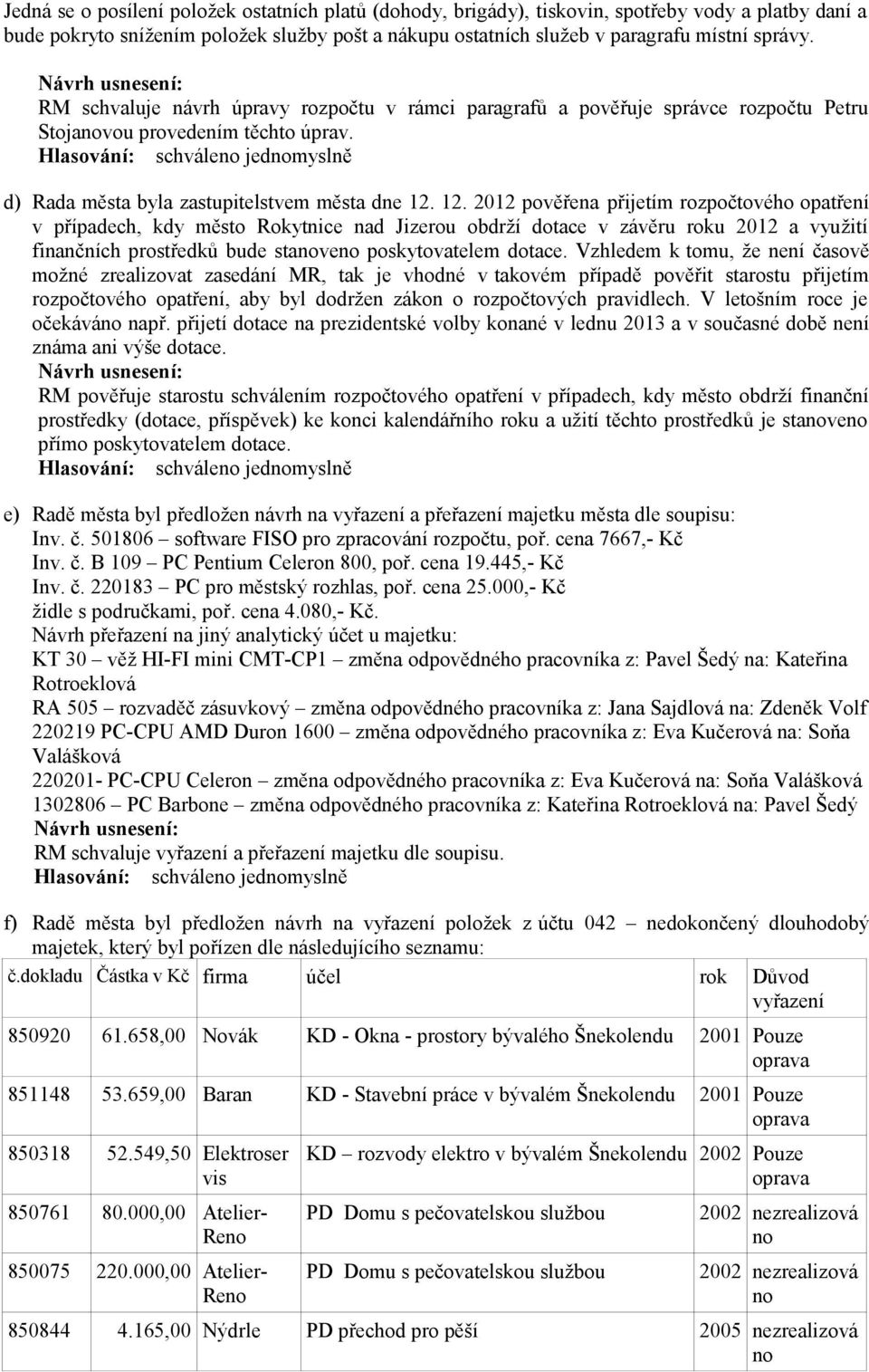 12. 2012 pověřena přijetím rozpočtového opatření v případech, kdy město Rokytnice nad Jizerou obdrží dotace v závěru roku 2012 a využití finančních prostředků bude stave poskytovatelem dotace.