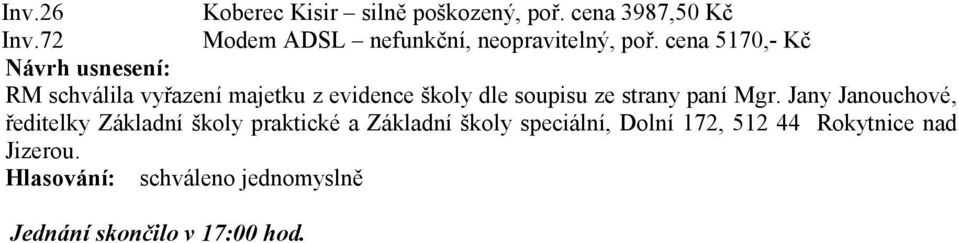 cena 5170,- Kč RM schválila vyřazení majetku z evidence školy dle soupisu ze strany paní Mgr.