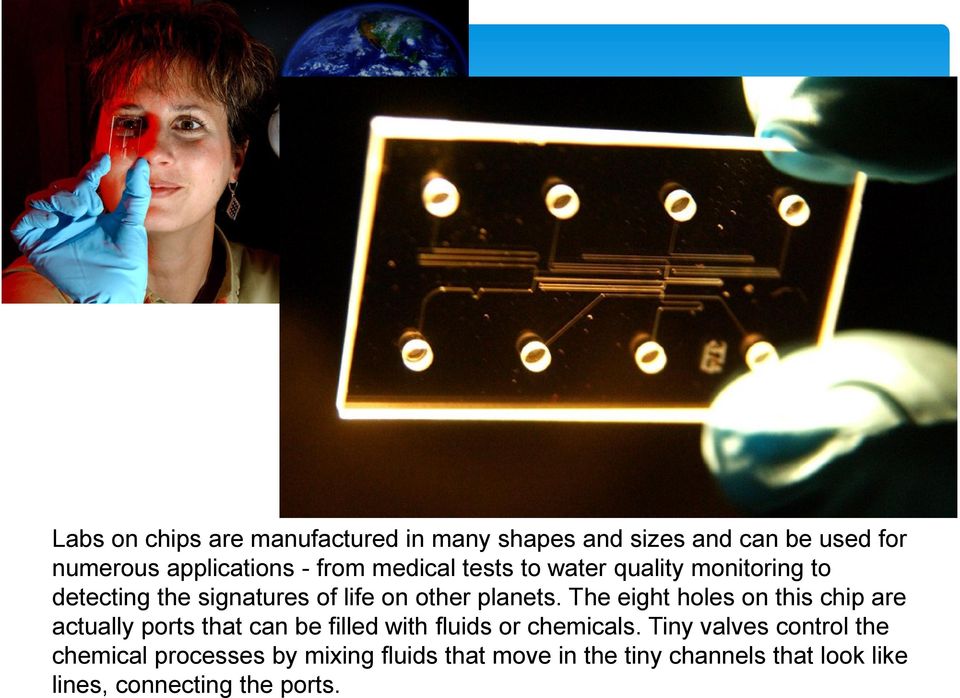 The eight holes on this chip are actually ports that can be filled with fluids or chemicals.