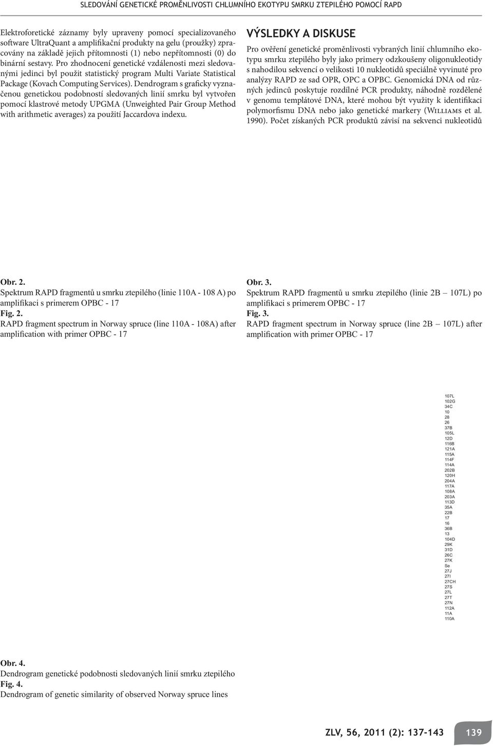 Dendrogram s graficky vyznačenou genetickou podobností sledovaných linií smrku byl vytvořen pomocí klastrové metody UPGMA (Unweighted Pair Group Method with arithmetic averages) za použití Jaccardova