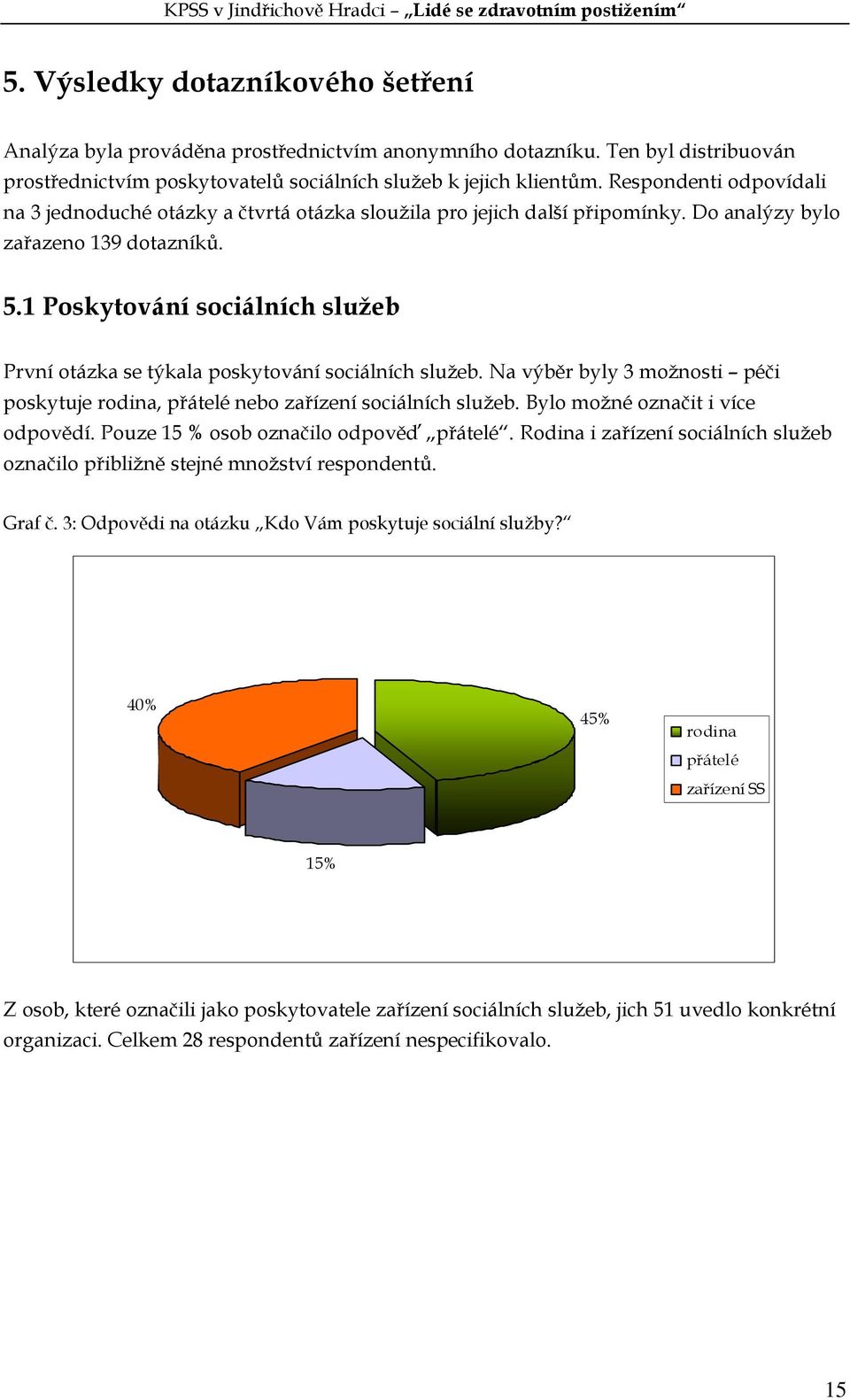 1 Poskytování sociálních služeb První otázka se týkala poskytování sociálních služeb. Na výběr byly 3 možnosti péči poskytuje rodina, přátelé nebo zařízení sociálních služeb.