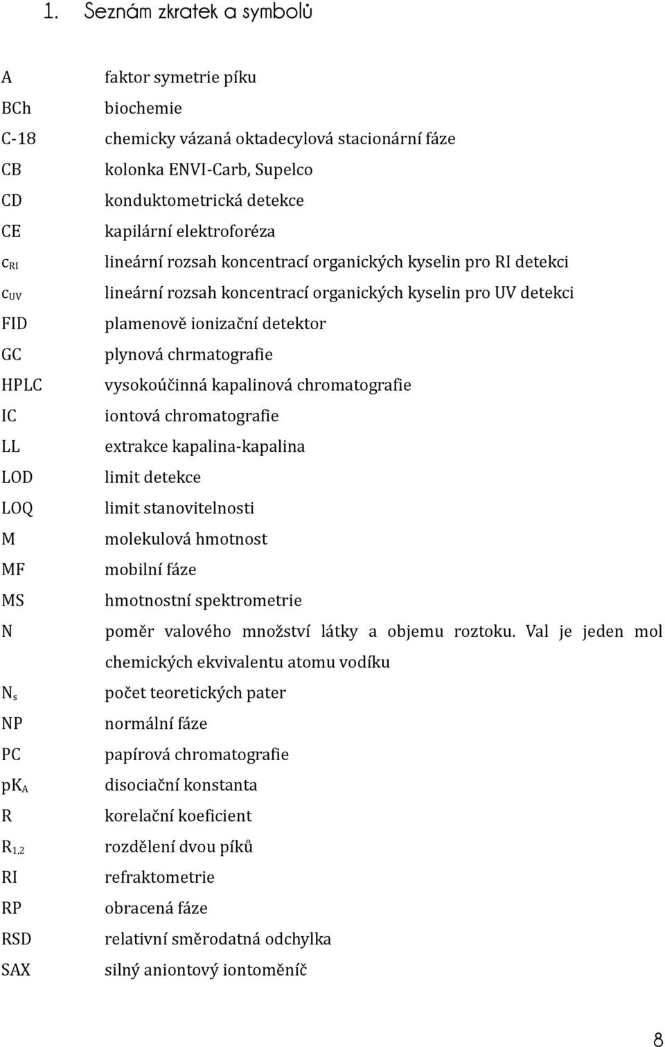 kyselin pro UV detekci plamenově ionizační detektor plynová chrmatografie vysokoúčinná kapalinová chromatografie iontová chromatografie extrakce kapalina-kapalina limit detekce limit stanovitelnosti