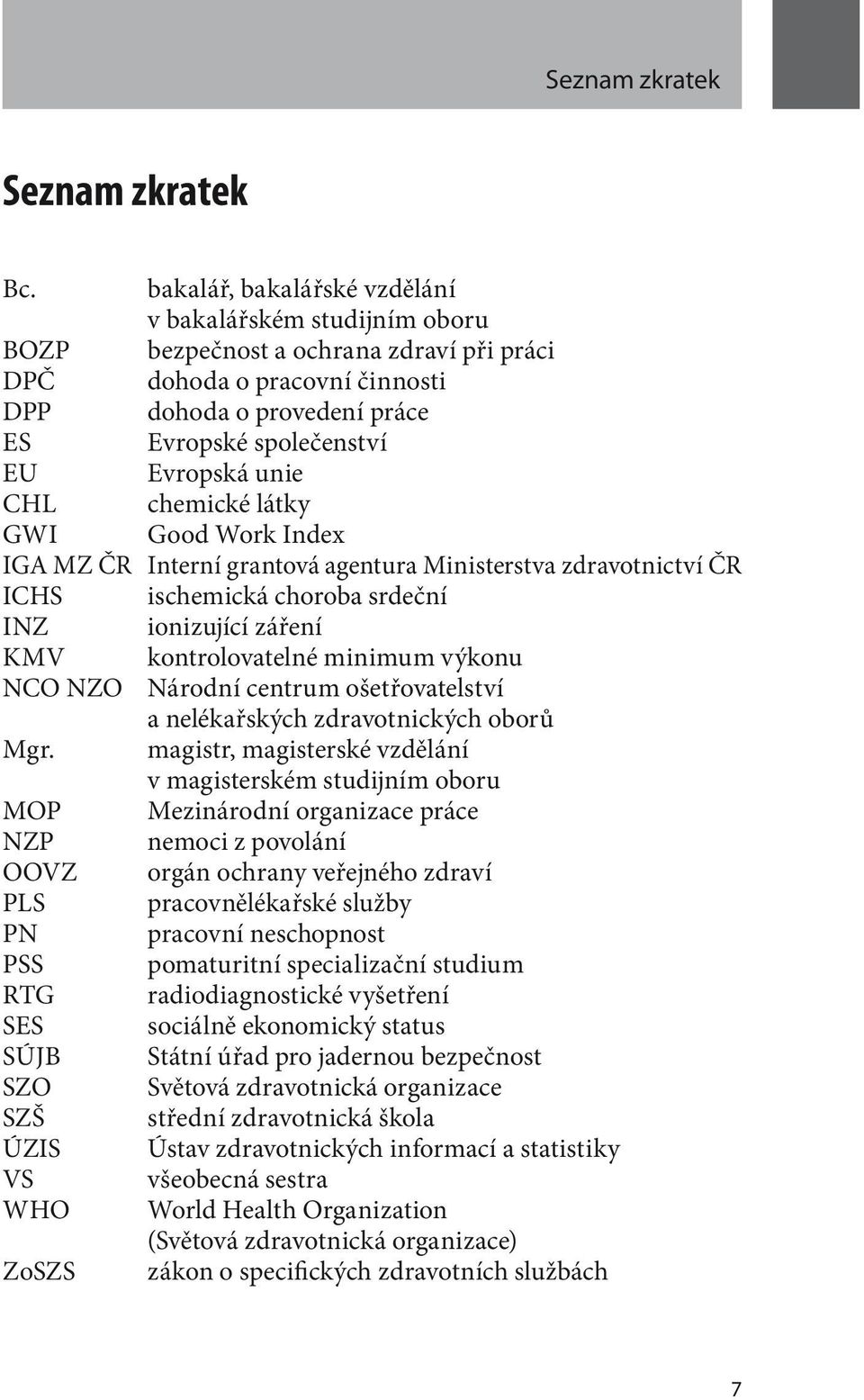 unie CHL chemické látky GWI Good Work Index IGA MZ ČR Interní grantová agentura Ministerstva zdravotnictví ČR ICHS ischemická choroba srdeční INZ ionizující záření KMV kontrolovatelné minimum výkonu