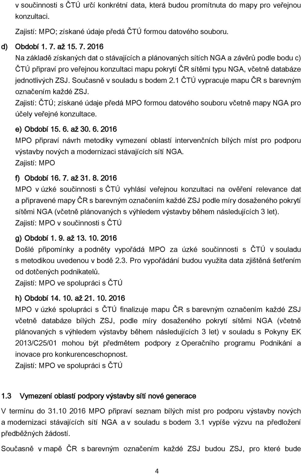 2016 Na základě získaných dat o stávajících a plánovaných sítích NGA a závěrů podle bodu c) ČTÚ připraví pro veřejnou konzultaci mapu pokrytí ČR sítěmi typu NGA, včetně databáze jednotlivých ZSJ.