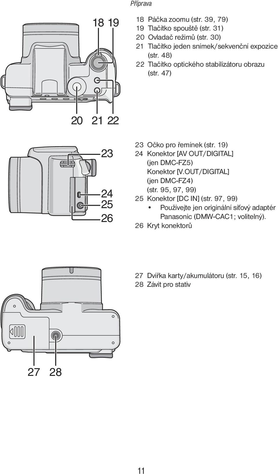 47) 20 21 22 23 24 25 26 23 Očko pro řemínek (str. 19) 24 Konektor [AV OUT/DIGITAL] (jen DMC-FZ5) Konektor [V.