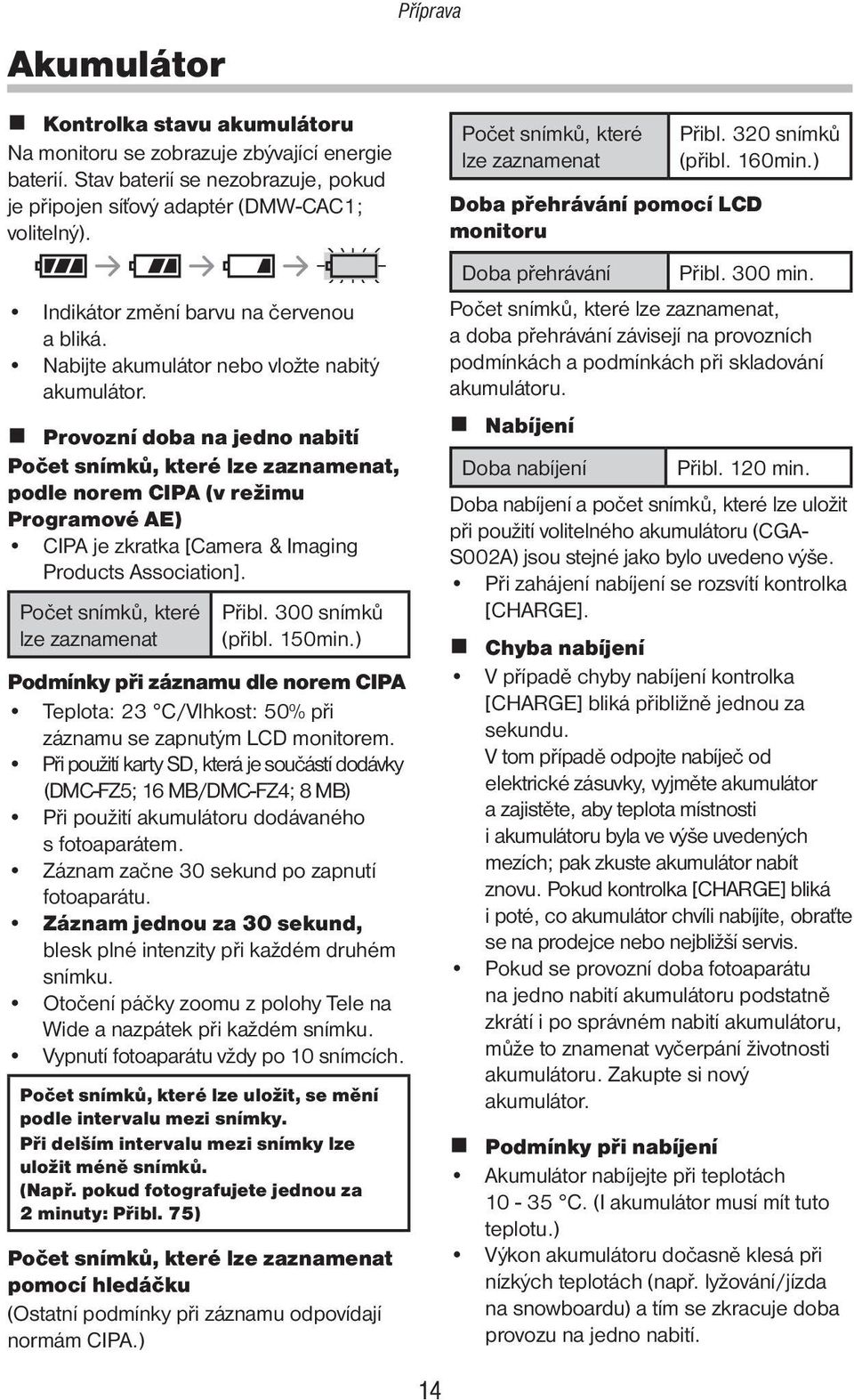 Provozní doba na jedno nabití Počet snímků, které lze zaznamenat, podle norem CIPA (v režimu Programové AE) CIPA je zkratka [Camera & Imaging Products Association].