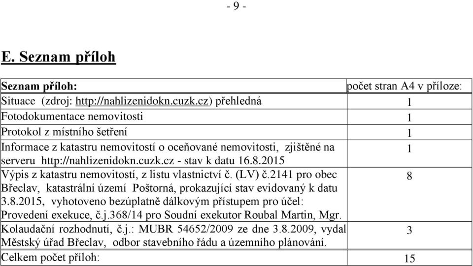 cz - stav k datu 16.8.2015 Výpis z katastru nemovitostí, z listu vlastnictví č. (LV) č.2141 pro obec 8 Břeclav, katastrální území Poštorná, prokazující stav evidovaný k datu 3.8.2015, vyhotoveno bezúplatně dálkovým přístupem pro účel: Provedení exekuce, č.