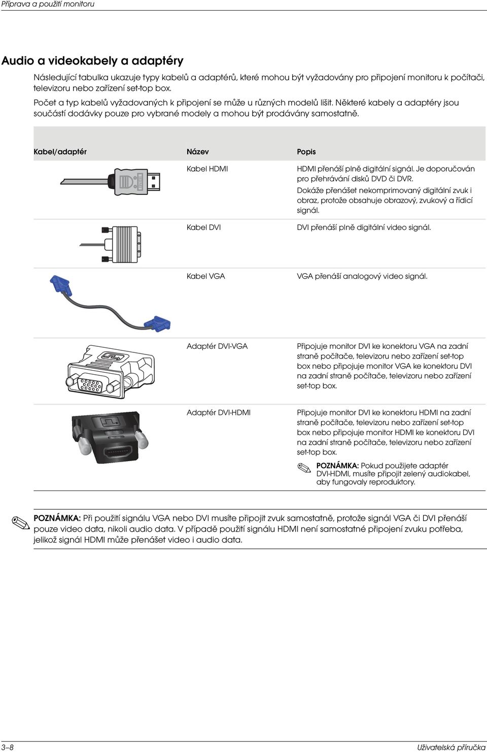 Kabel/adaptér Název Popis Kabel HDMI Kabel DVI HDMI přenáší plně digitální signál. Je doporučován pro přehrávání disků DVD či DVR.