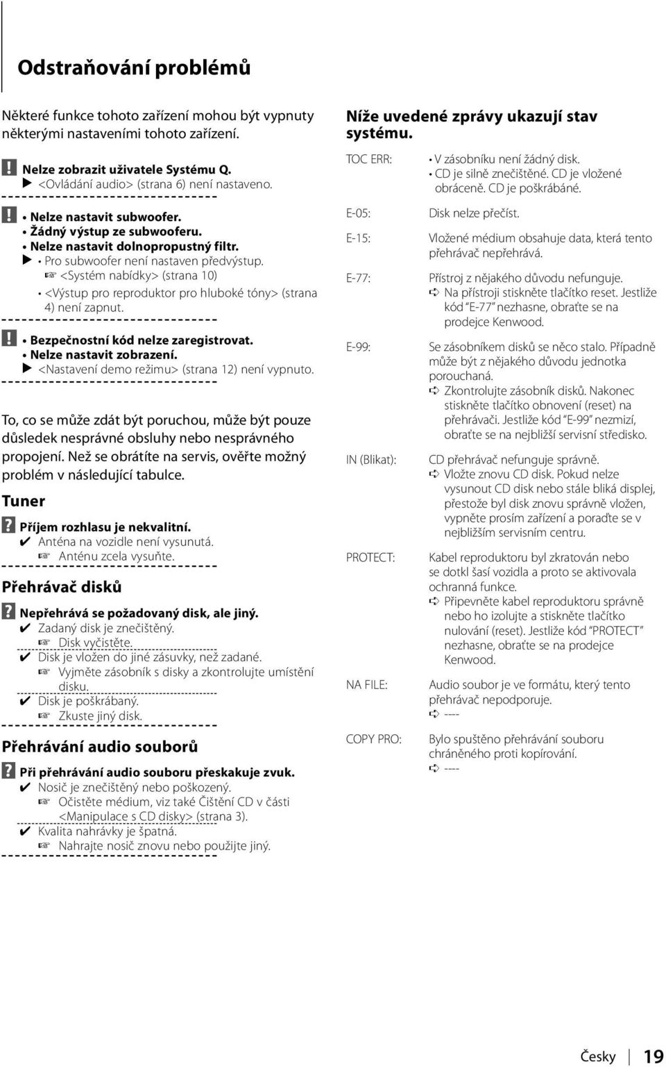 <Systém nabídky> (strana 10) <Výstup pro reproduktor pro hluboké tóny> (strana 4) není zapnut.! Bezpečnostní kód nelze zaregistrovat. Nelze nastavit zobrazení.