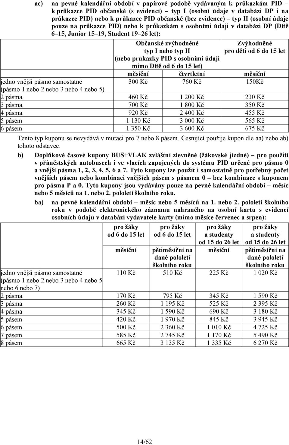 průkazky PID s osobními údaji mimo Dítě od 6 do 15 let) Zvýhodněné pro děti od 6 do 15 let měsíční čtvrtletní měsíční 300 Kč 760 Kč 150Kč jedno vnější pásmo samostatné (pásmo 1 nebo 2 nebo 3 nebo 4