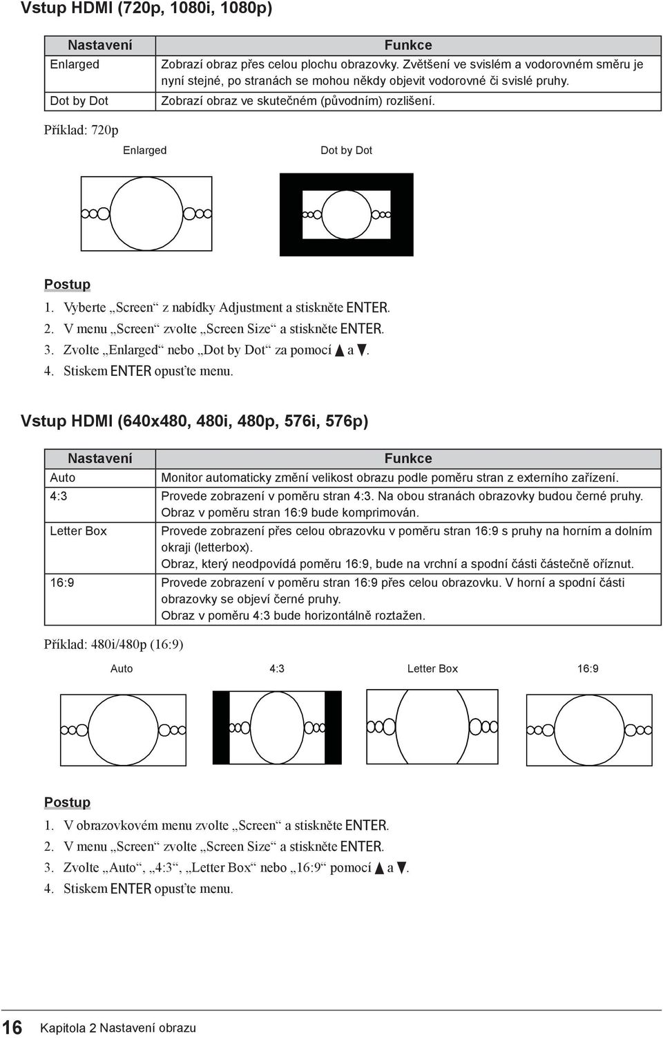 Příklad: 720p Enlarged Dot by Dot 1. Vyberte Screen z nabídky Adjustment a stiskněte. 2. V menu Screen zvolte Screen Size a stiskněte. 3. Zvolte Enlarged nebo Dot by Dot za pomocí a. 4.