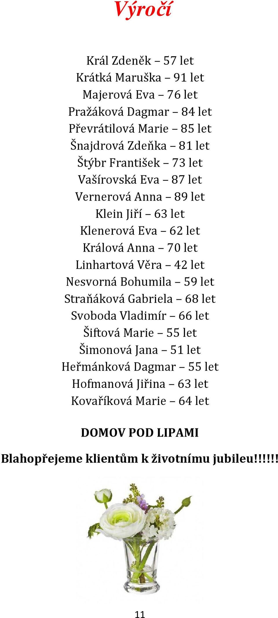 Linhartová Věra 42 let Nesvorná Bohumila 59 let Straňáková Gabriela 68 let Svoboda Vladimír 66 let Šiftová Marie 55 let Šimonová Jana 51