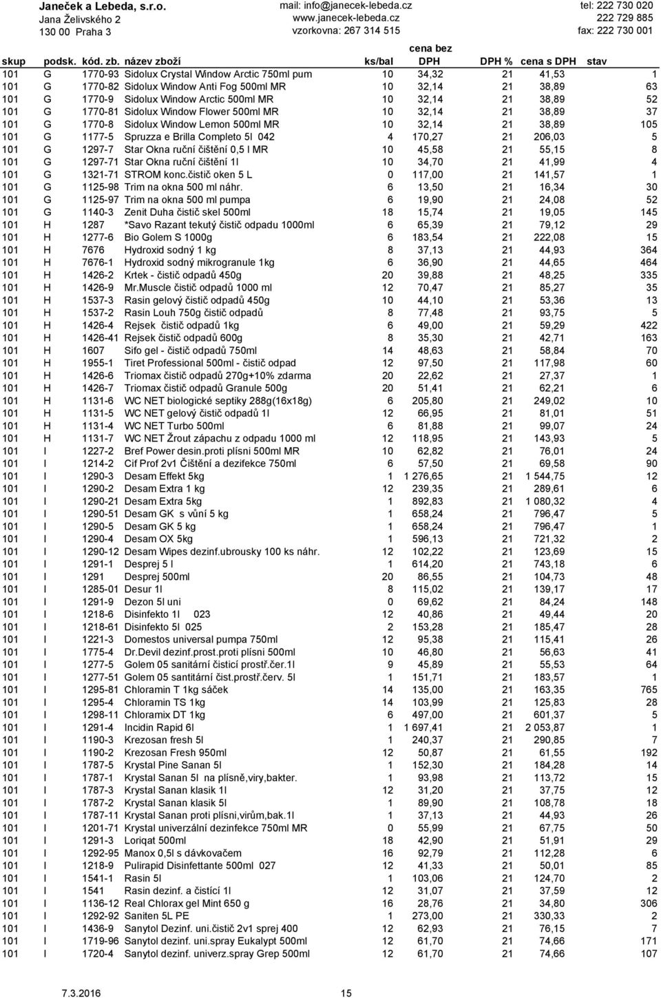 206,03 5 101 G 1297-7 Star Okna ruční čištění 0,5 l MR 10 45,58 21 55,15 8 101 G 1297-71 Star Okna ruční čištění 1l 10 34,70 21 41,99 4 101 G 1321-71 STROM konc.