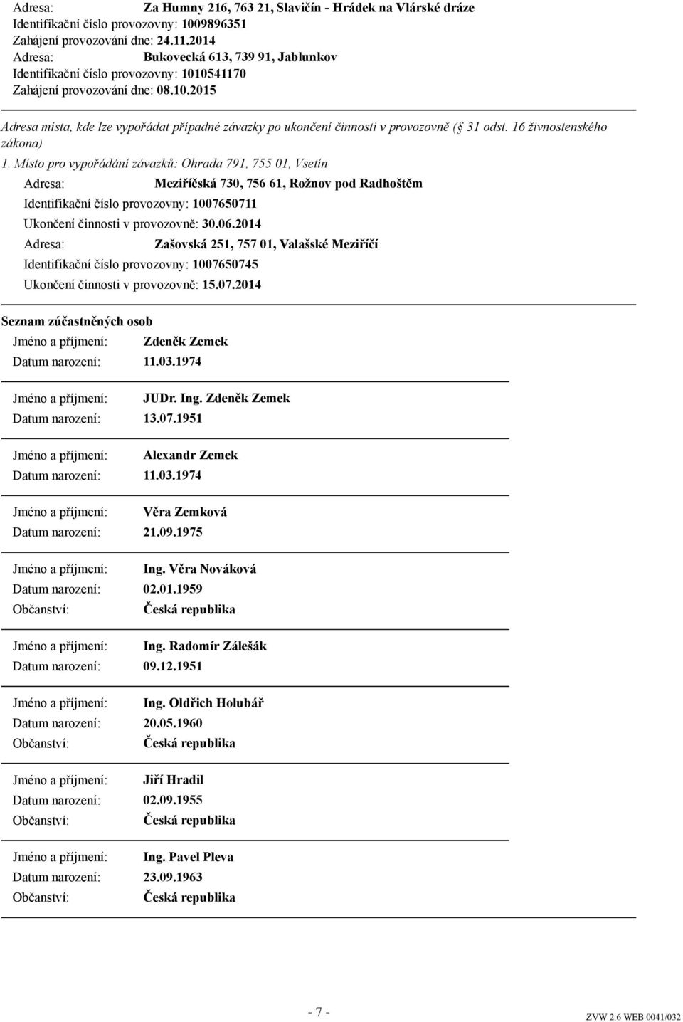 50711 Ukončení činnosti v provozovně: 30.06.2014 Identifikační číslo provozovny: 1007650745 Ukončení činnosti v provozovně: 15.07.2014 Seznam zúčastněných osob Meziříčská 730, 756 61, Rožnov pod Radhoštěm Zašovská 251, 757 01, Valašské Meziříčí Zdeněk Zemek Datum narození: 11.