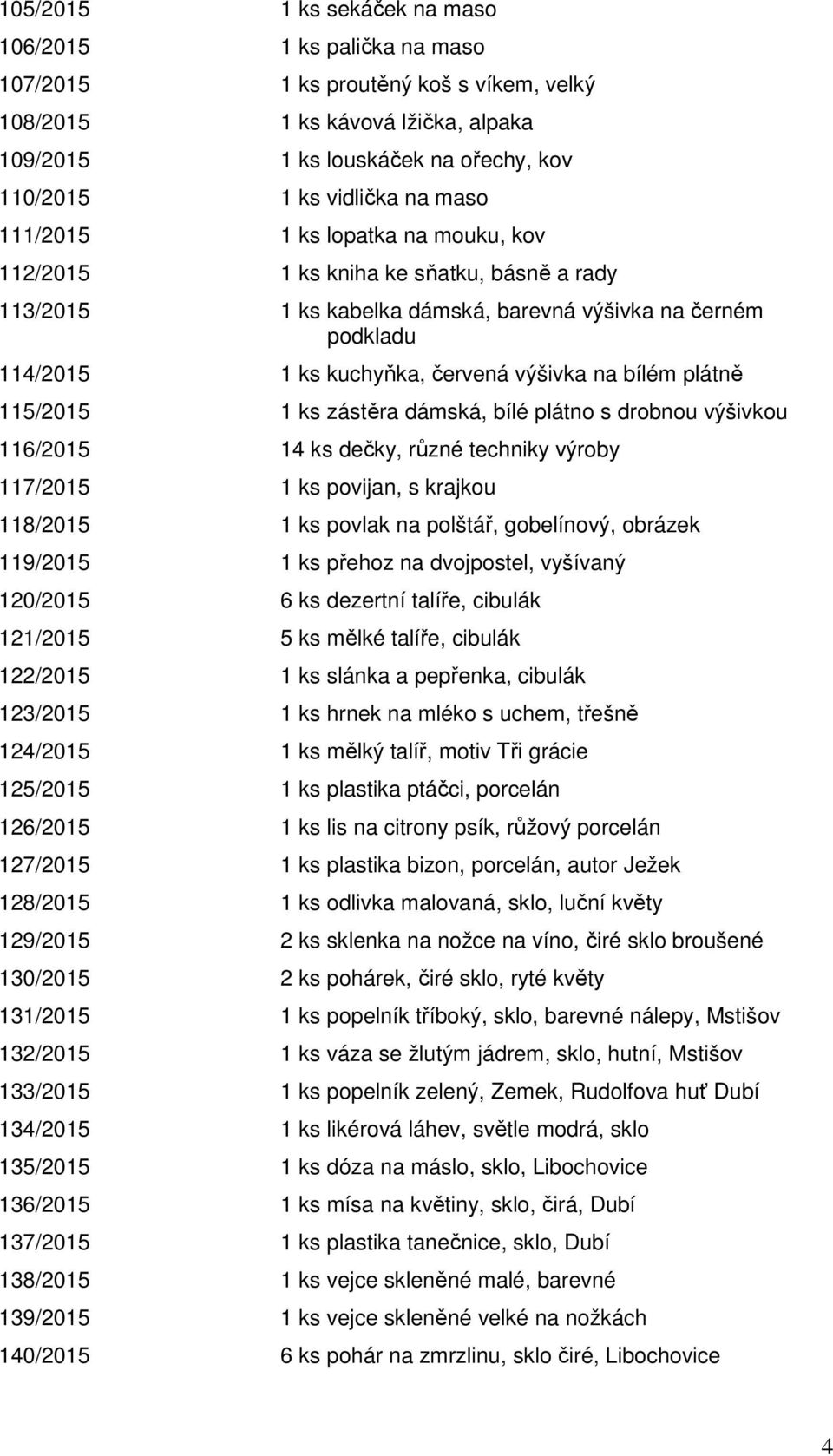 bílém plátně 115/2015 1 ks zástěra dámská, bílé plátno s drobnou výšivkou 116/2015 14 ks dečky, různé techniky výroby 117/2015 1 ks povijan, s krajkou 118/2015 1 ks povlak na polštář, gobelínový,