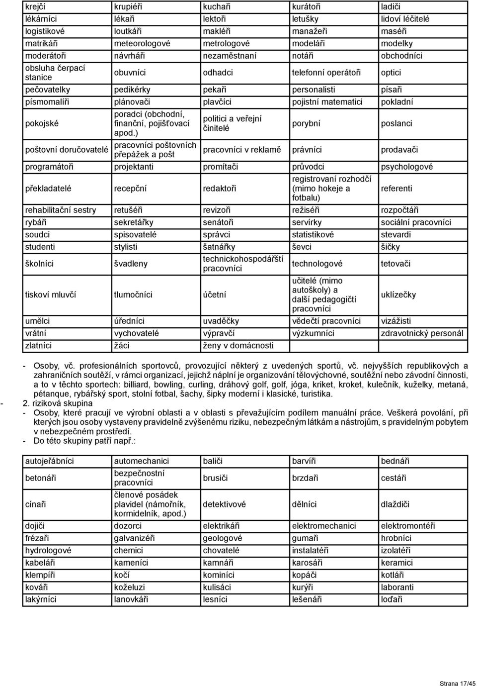 matematici pokladní pokojské poštovní doručovatelé poradci (obchodní, finanční, pojišťovací apod.