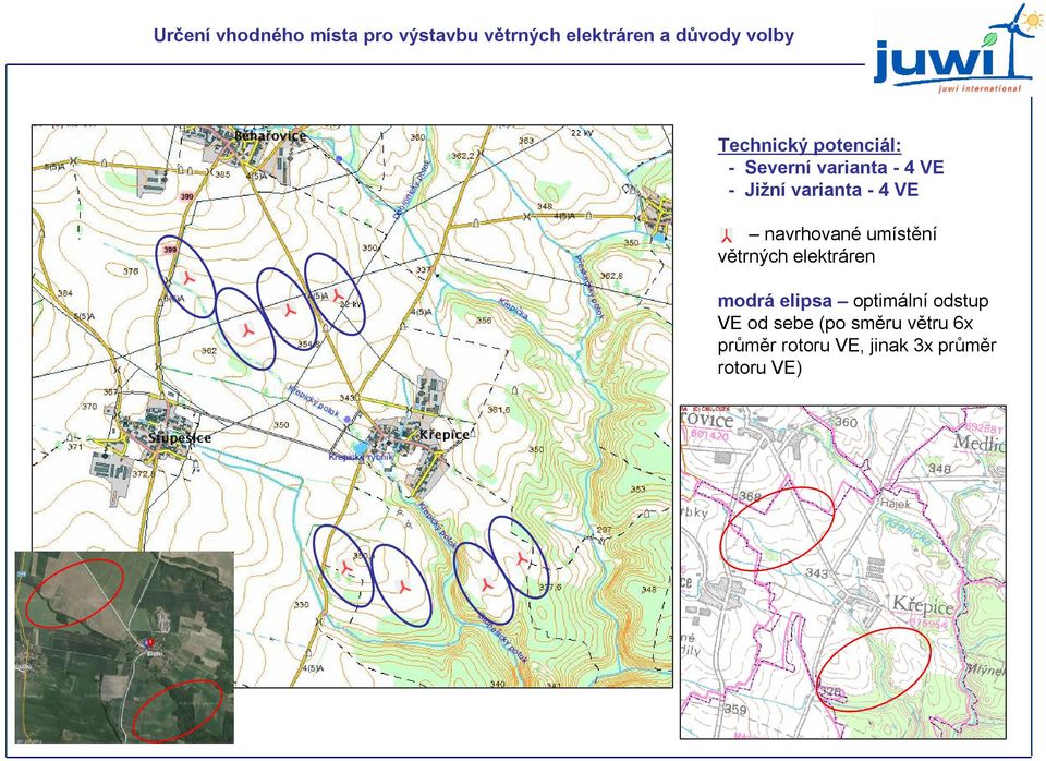 navrhované umístění větrných elektráren modrá elipsa optimální odstup