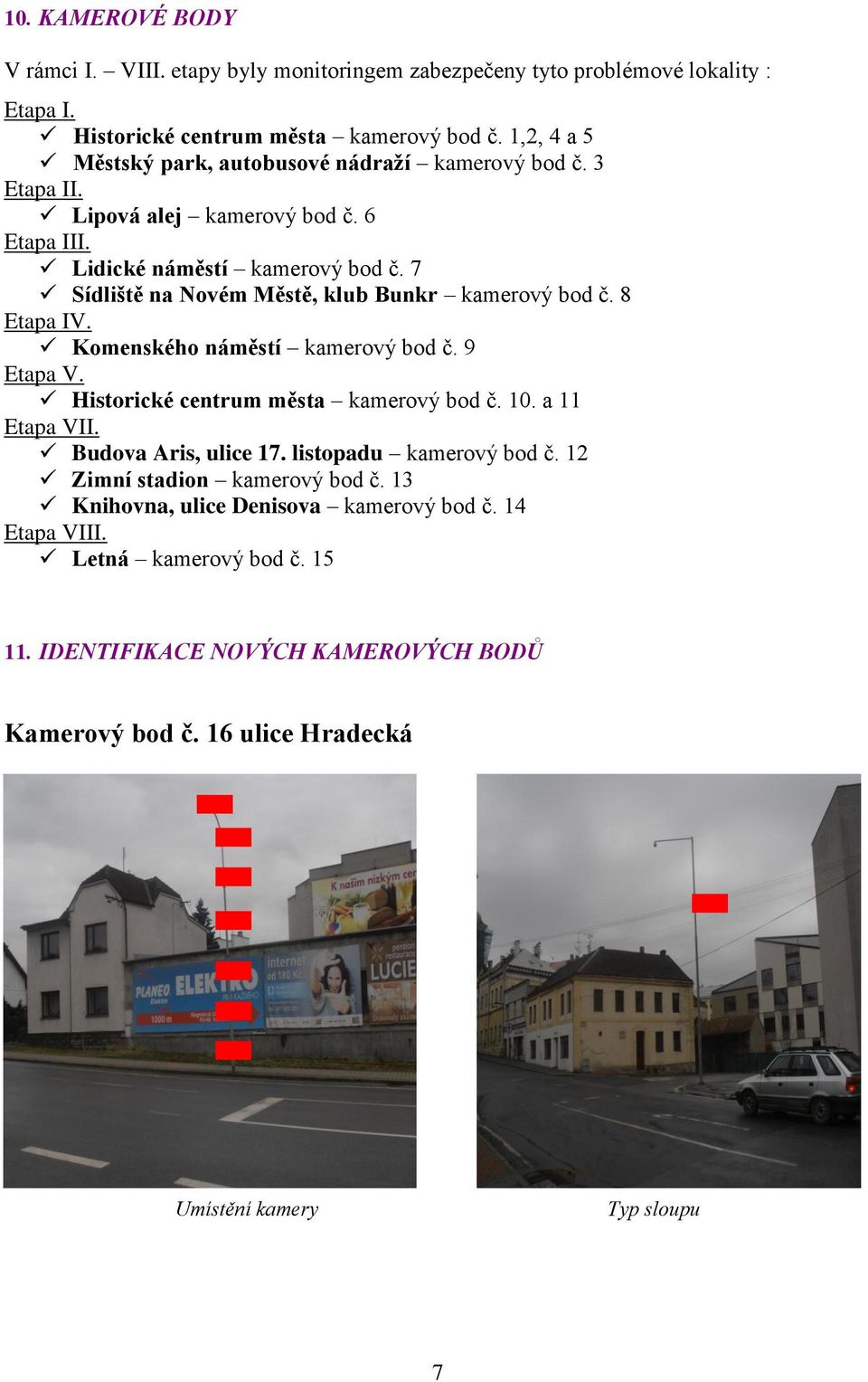 7 Sídliště na Novém Městě, klub Bunkr kamerový bod č. 8 Etapa IV. Komenského náměstí kamerový bod č. 9 Etapa V. Historické centrum města kamerový bod č. 10. a 11 Etapa VII.