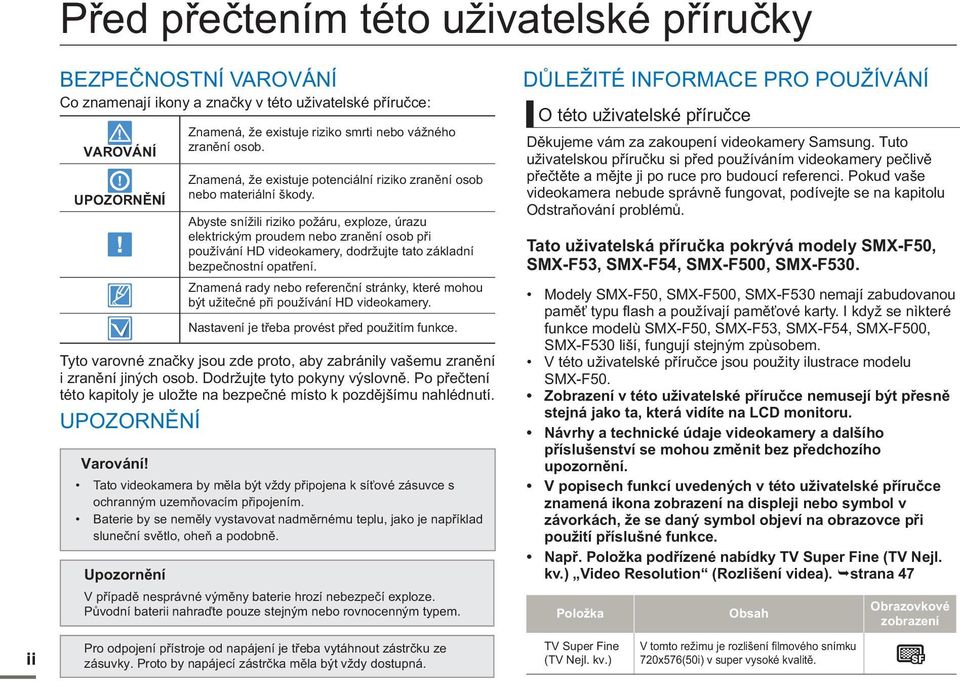 Abyste snížili riziko požáru, exploze, úrazu elektrickým proudem nebo zranění osob při používání HD videokamery, dodržujte tato základní bezpečnostní opatření.