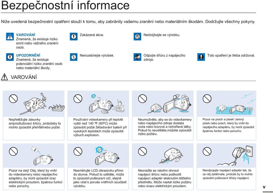 Nerozebírejte výrobek. Odpojte šňůru z napájecího zdroje. Toto opatření je třeba održovat. VAROVÁNÍ Nepřetěžujte zásuvky aniprodlužovací šňůry, protožeby to mohlo způsobit přehřátínebo požár.