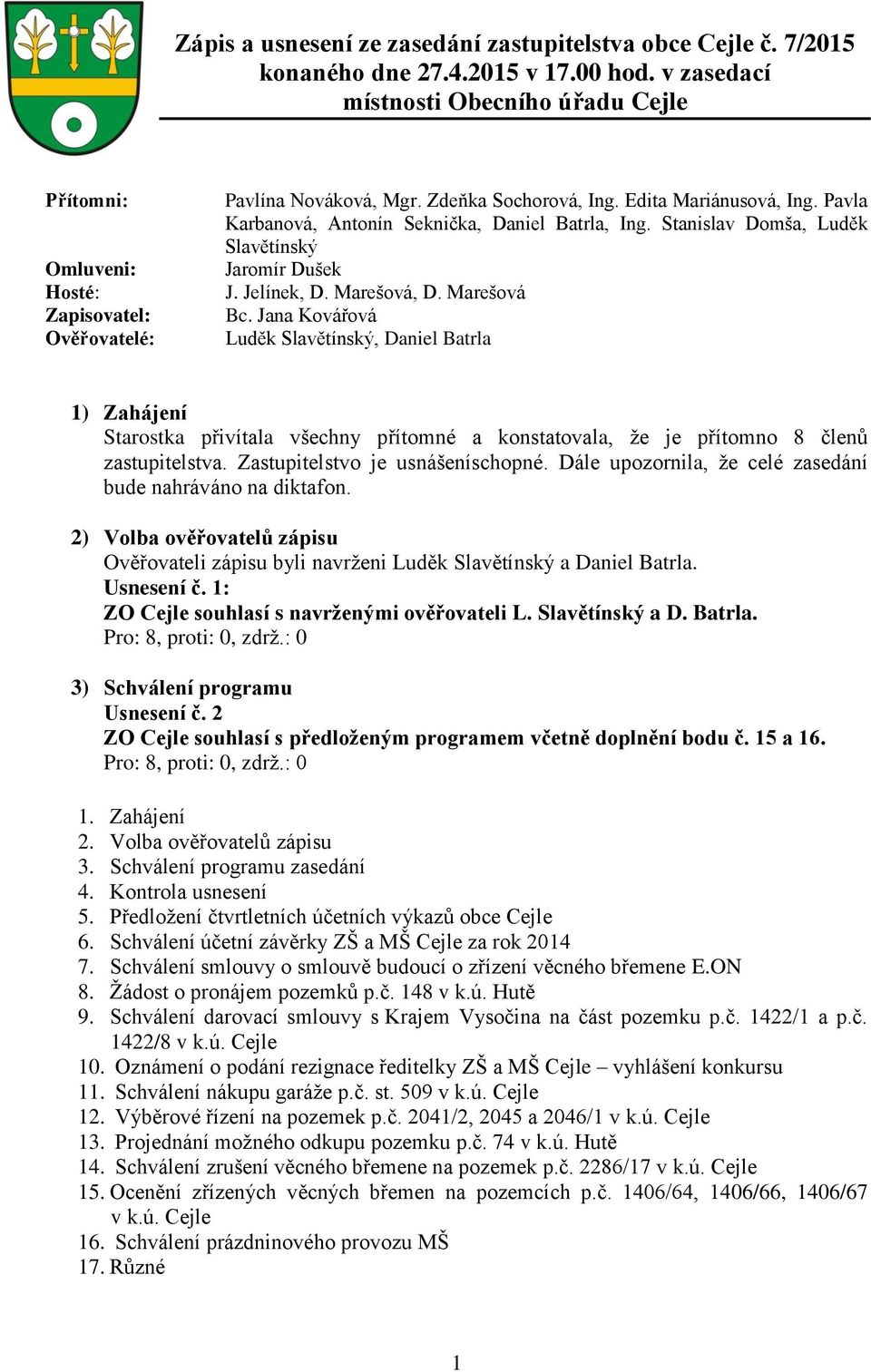 Pavla Karbanová, Antonín Seknička, Daniel Batrla, Ing. Stanislav Domša, Luděk Slavětínský Jaromír Dušek J. Jelínek, D. Marešová, D. Marešová Bc.