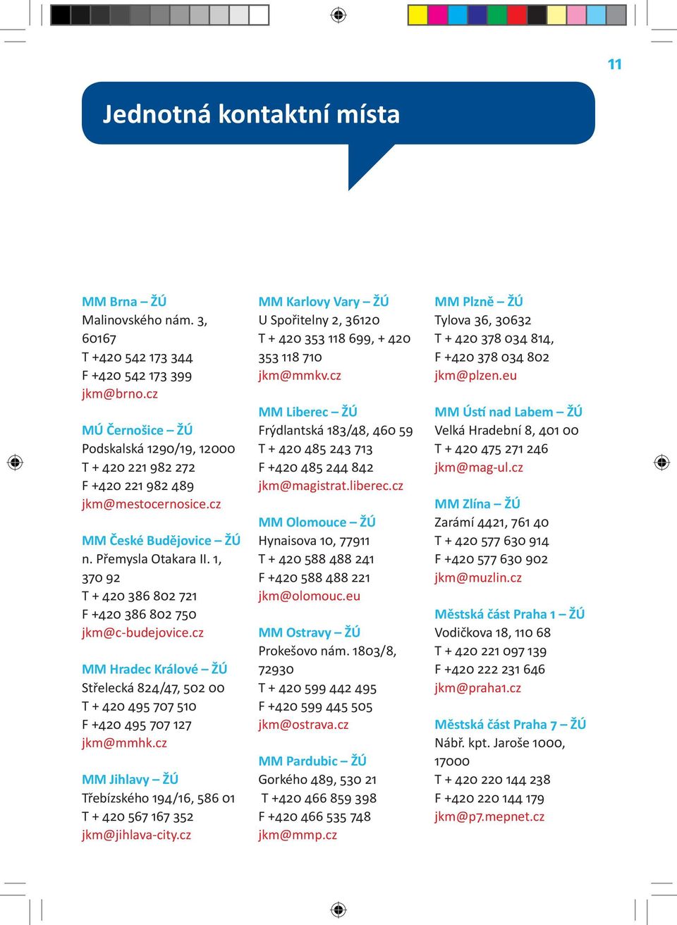 cz MM Liberec ŽÚ Frýdlantská /, jkm@magistrat.liberec.cz MM Olomouce ŽÚ Hynaisova, jkm@olomouc.eu MM Ostravy ŽÚ Prokešovo nám. /, jkm@ostrava.cz MM Pardubic ŽÚ Gorkého, T + jkm@mmp.