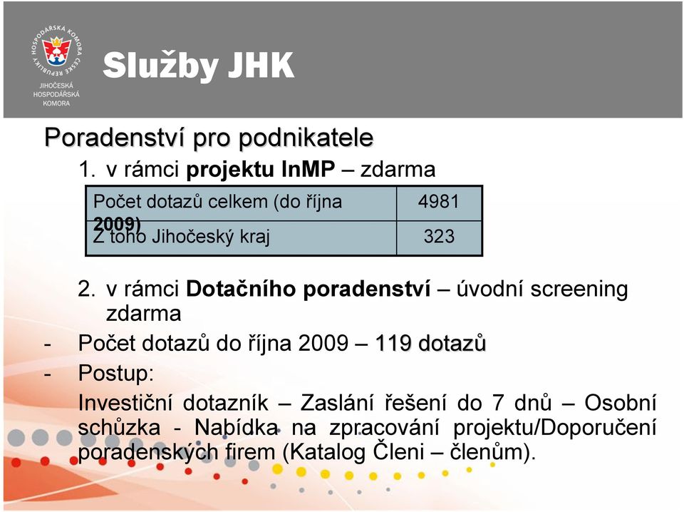 v rámci Dotačního poradenství úvodní screening zdarma - Počet dotazů do října 2009 119 dotazů -