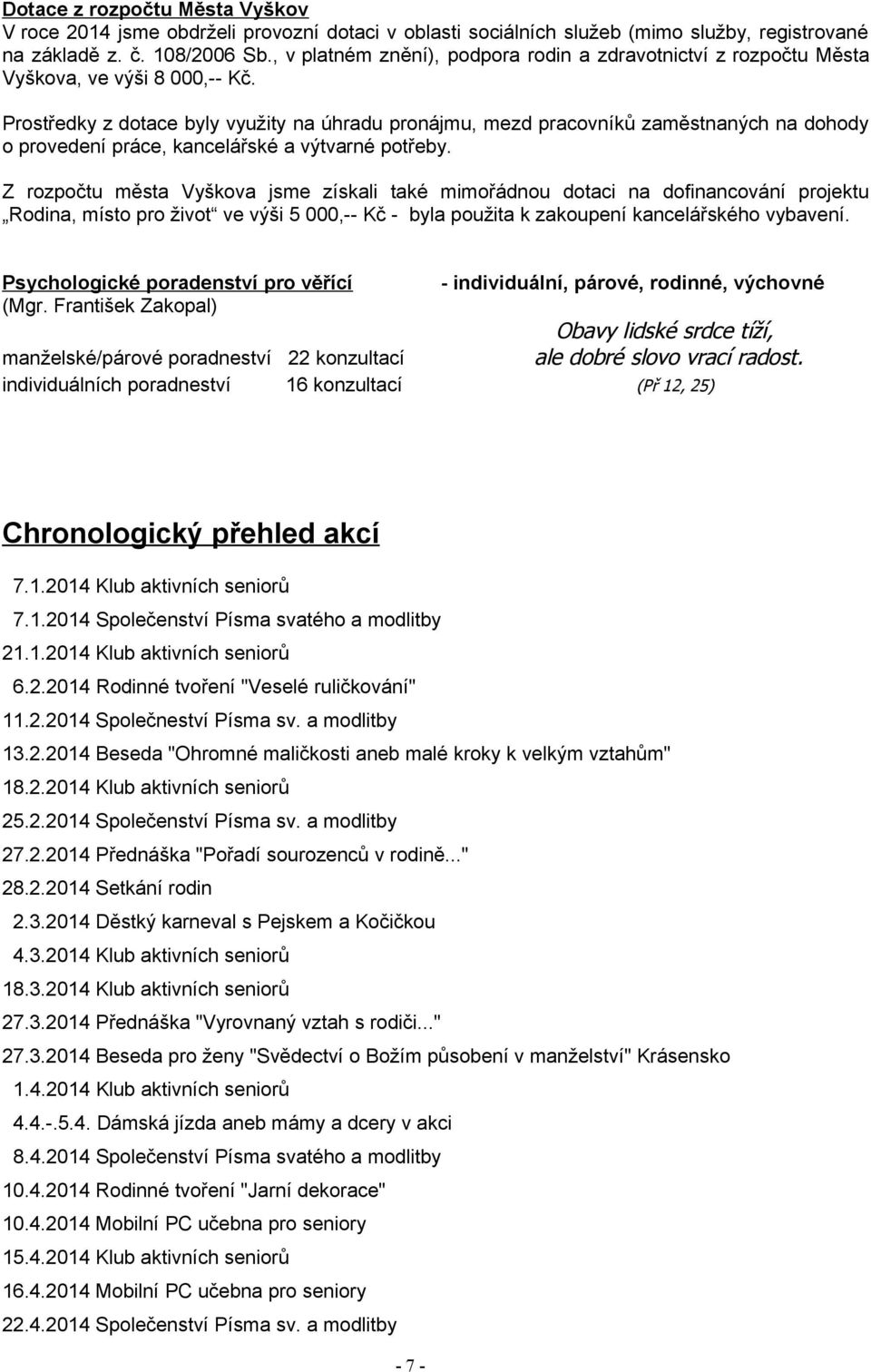 Prostředky z dotace byly využity na úhradu pronájmu, mezd pracovníků zaměstnaných na dohody o provedení práce, kancelářské a výtvarné potřeby.