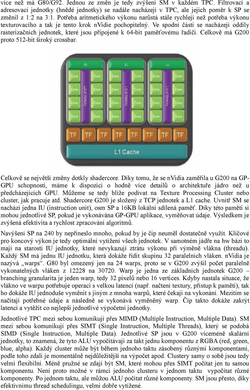 Ve spodní části se nacházejí oddíly rasterizačních jednotek, které jsou připojené k 64-bit paměťovému řadiči. Celkově má G200 proto 512-bit široký crossbar.