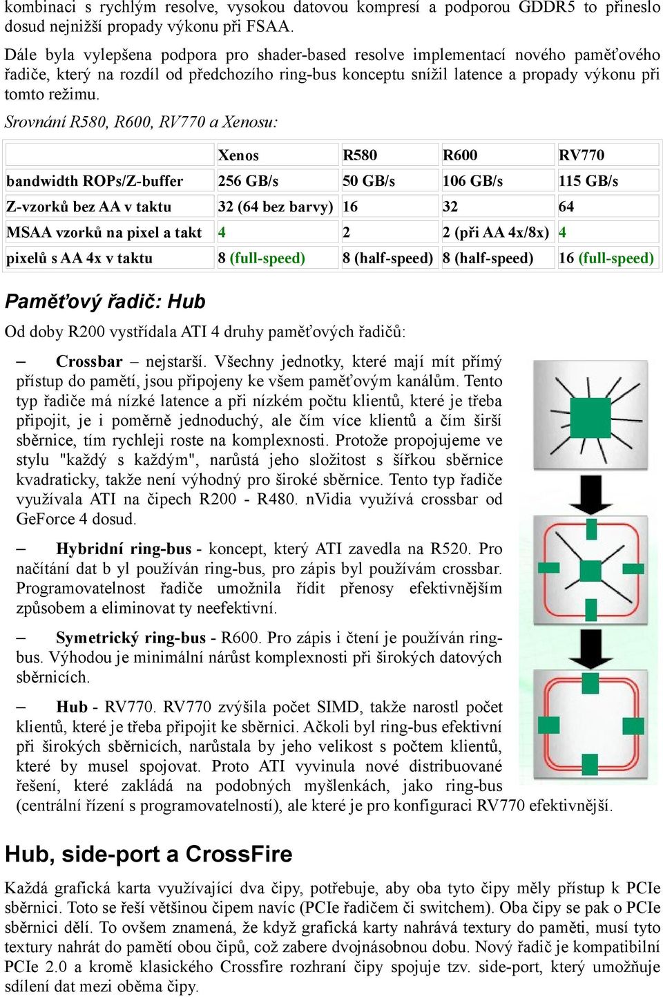 Srovnání R580, R600, RV770 a Xenosu: Xenos R580 R600 RV770 bandwidth ROPs/Z-buffer 256 GB/s 50 GB/s 106 GB/s 115 GB/s Z-vzorků bez AA v taktu 32 (64 bez barvy) 16 32 64 MSAA vzorků na pixel a takt 4